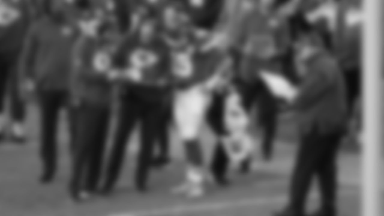 Quarterback Patrick Mahomes (15) looks at plays with Kansas City Chiefs Offensive Coordinator Matt Nagy during a week 12 NFL Football game against the Indianapolis Colts on Sunday, November 23, 2025 in Kansas City, MO