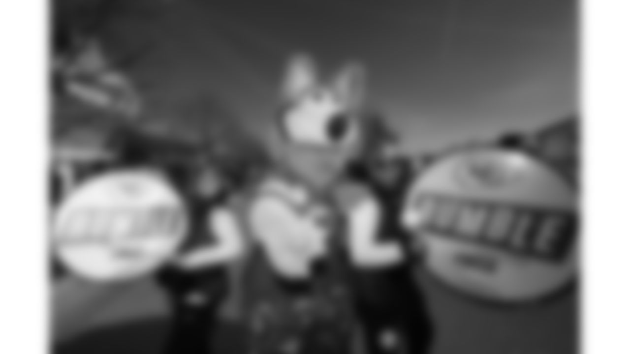 KC Wolf and Chiefs Rumble prior to a week 15 NFL Football game against the Los Angeles Chargers on Sunday, December 14, 2025 in Kansas City, MO.