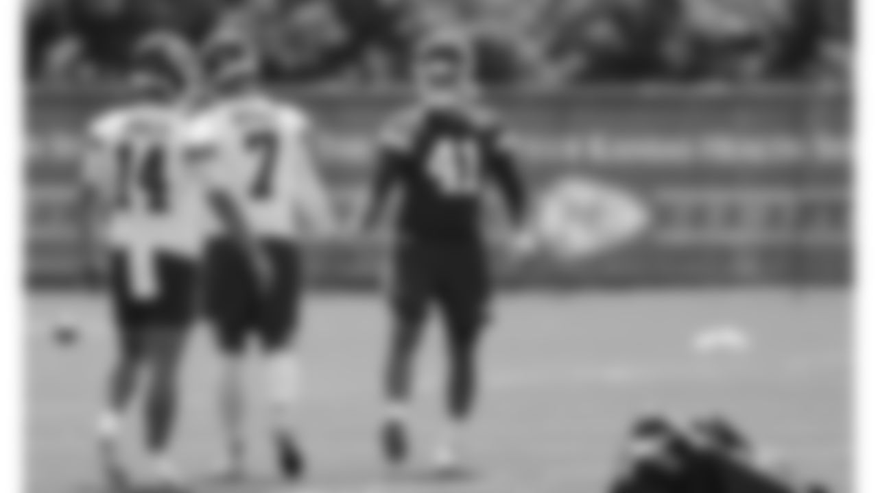 Kansas City Chiefs punter Matt Araiza (14), kicker Harrison Butker (7), and long snapper James Winchester (41) at practice during phase 3 of OTAs on Tuesday, June 10, 2025 in Kansas City, MO.
