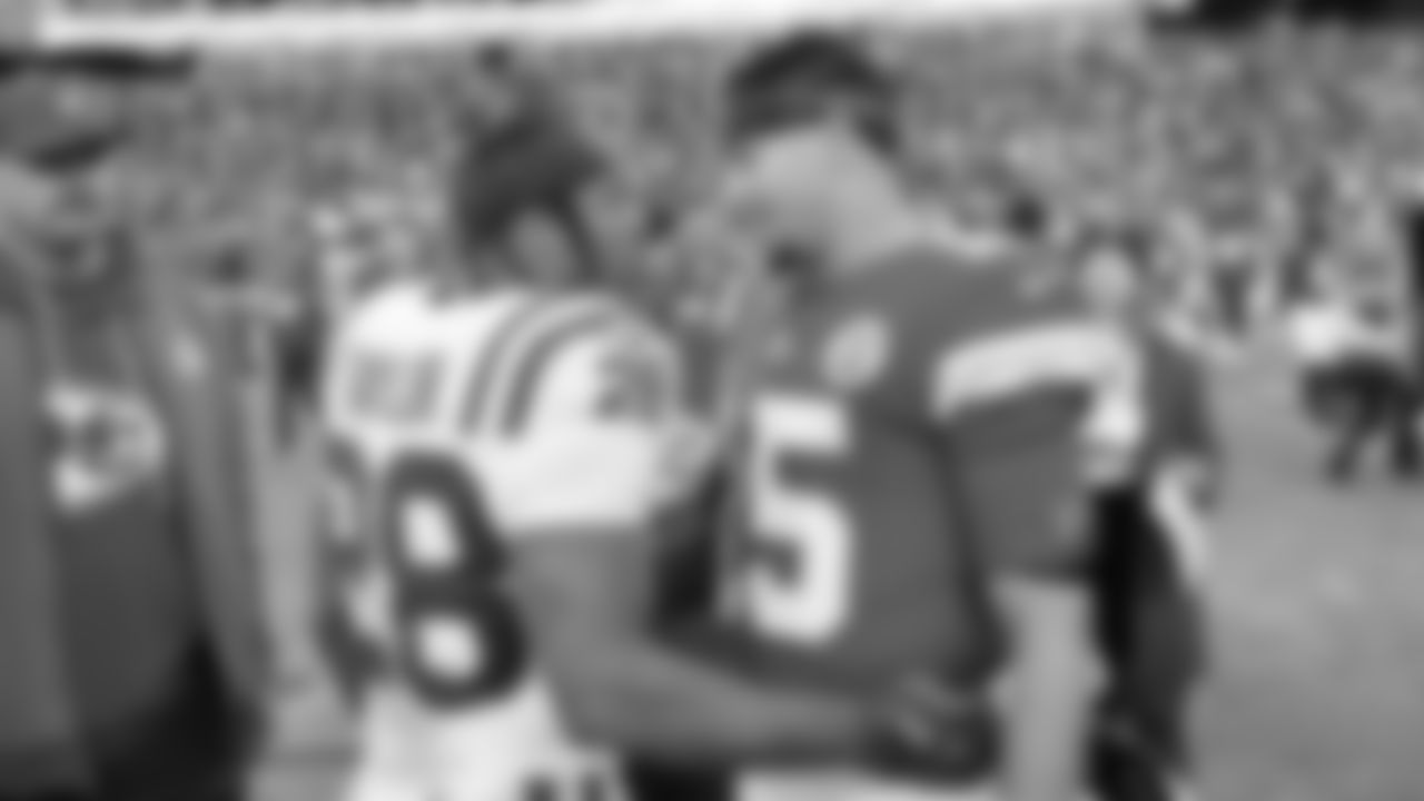 Kansas City Chiefs quarterback Patrick Mahomes (15) talks with Indianapolis Colts running back Jonathan Taylor (28) after a week 12 NFL Football game against the Indianapolis Colts on Sunday, November 23, 2025 in Kansas City, MO