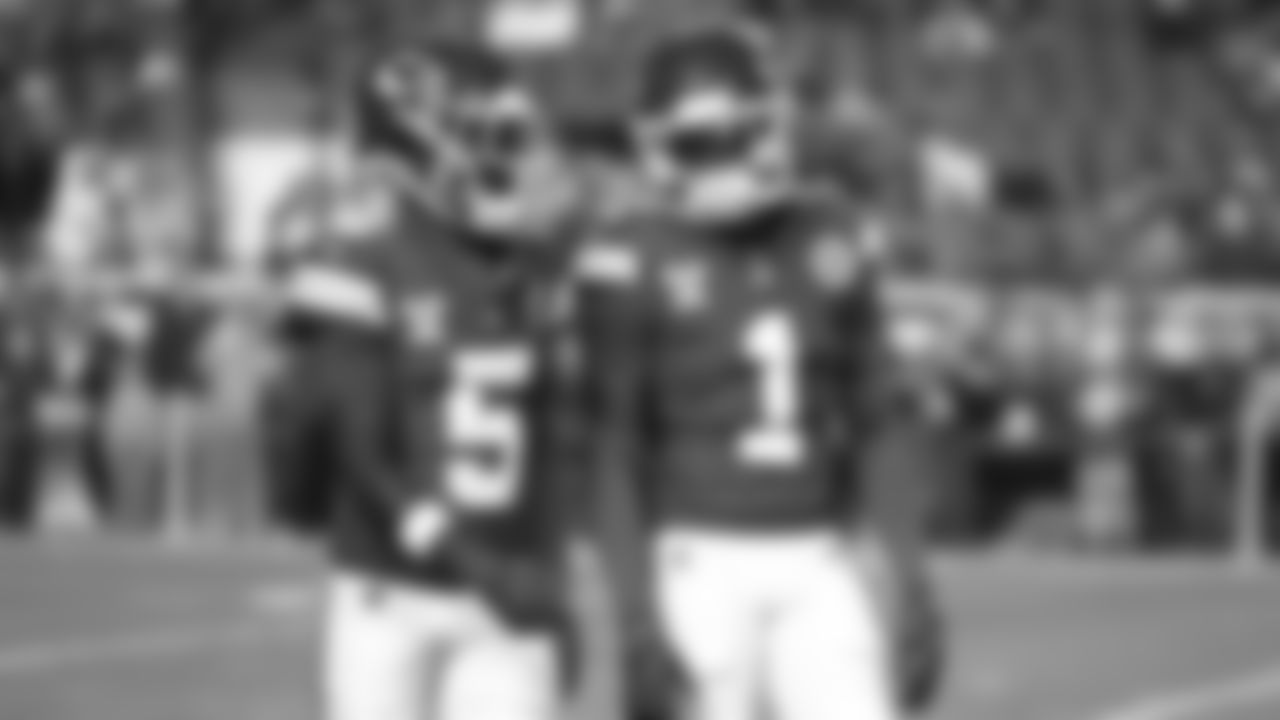 Wide receiver Hollywood Brown (5), and Kansas City Chiefs wide receiver Xavier Worthy (1) talk on the field prior to an NFL week 17 matchup against the Denver Broncos, Thursday, December 25, 2025.