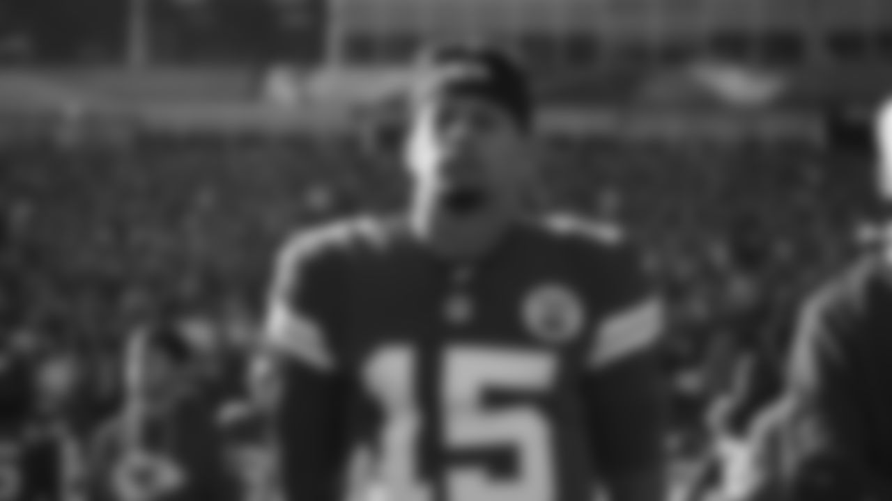 Kansas City Chiefs quarterback Patrick Mahomes (15) during the National Anthem prior to a week 12 NFL Football game against the Indianapolis Colts on Sunday, November 23, 2025 in Kansas City, MO