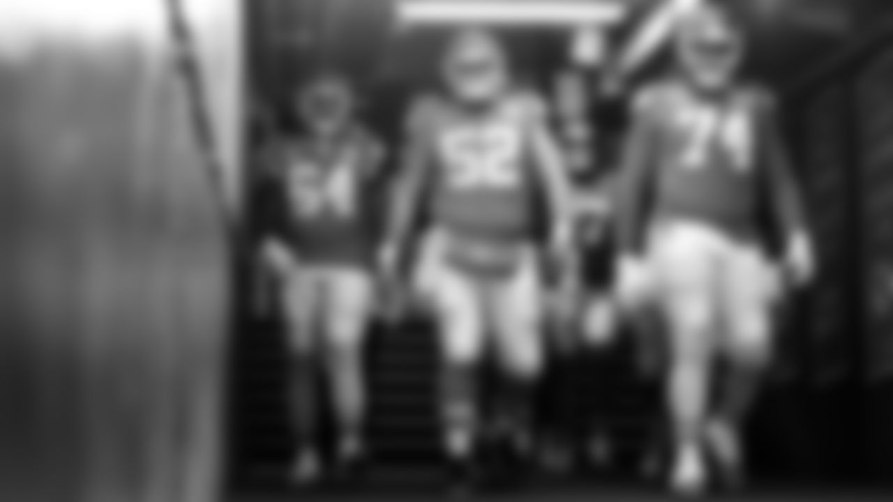 Kansas City Chiefs center Creed Humphrey (52) and offensive tackle Jawaan Taylor (74) prior to the NFL Week 16 matchup against the Las Vegas Raiders on December 25, 2023.
