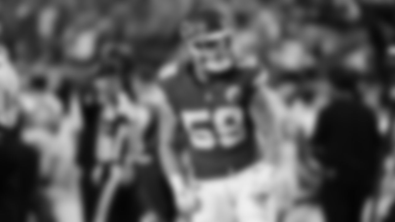 Kansas City Chiefs linebacker Cooper McDonald (59) celebrates during a week 6 NFL Football game against the Detroit Lions on Sunday, October 12, 2025 in Kansas City, MO.