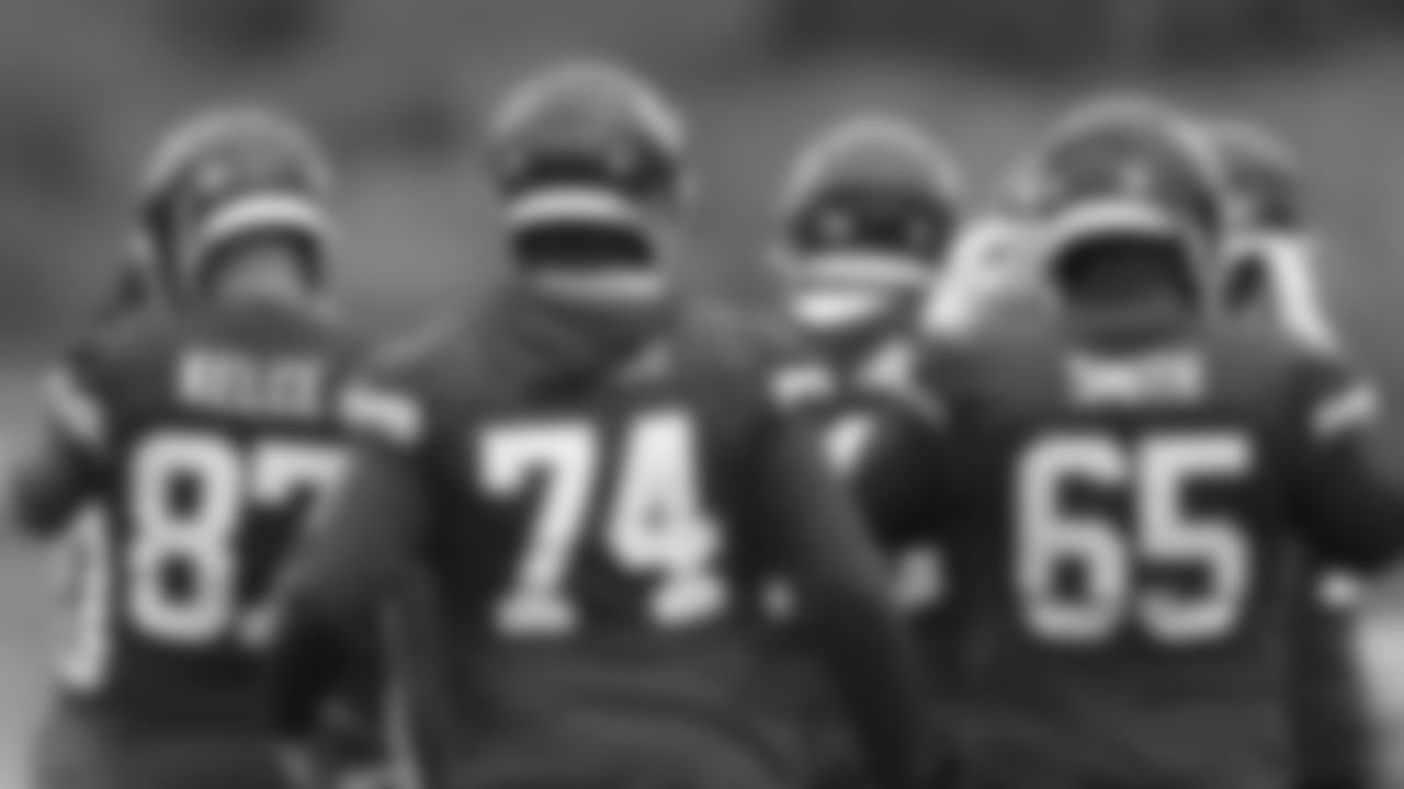 Kansas City Chiefs offensive line during practice at the University of Kansas Health System Training Facility on November 24, 2023.