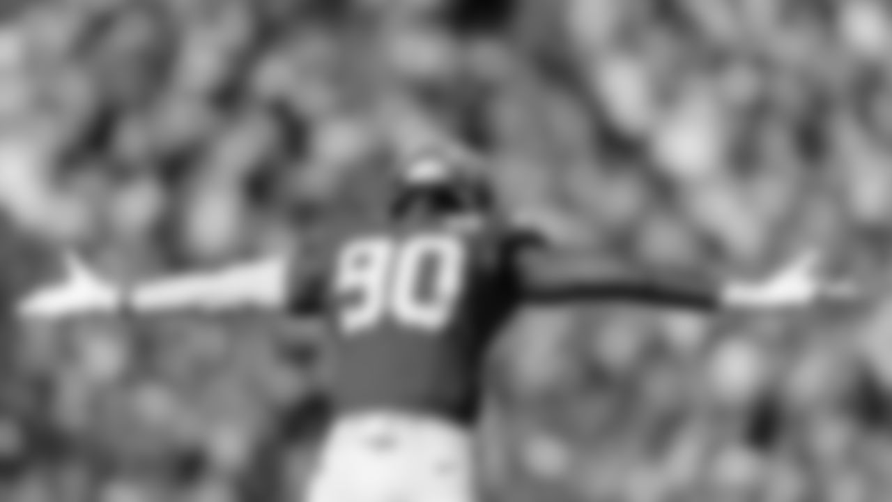 Kansas City Chiefs defensive end Charles Omenihu (90) celebrates getting a sack during a week 7 NFL football game against the Las Vegas Raiders, Sunday, October 19, 2025 in Kansas City, MO.