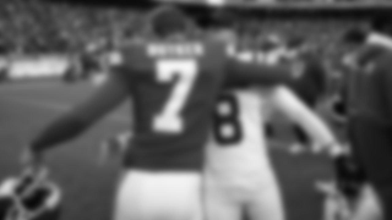 Kansas City Chiefs kicker Harrison Butker (7) hugs Indianapolis Colts punter Rigoberto Sanchez (8) after a week 12 NFL Football game against the Indianapolis Colts on Sunday, November 23, 2025 in Kansas City, MO