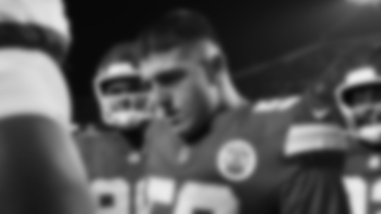 Kansas City Chiefs defensive end George Karlaftis (56) in a huddle prior to a week 8 NFL Football game against the Washington Commanders on Monday, October 27, 2025 in Kansas City, MO.