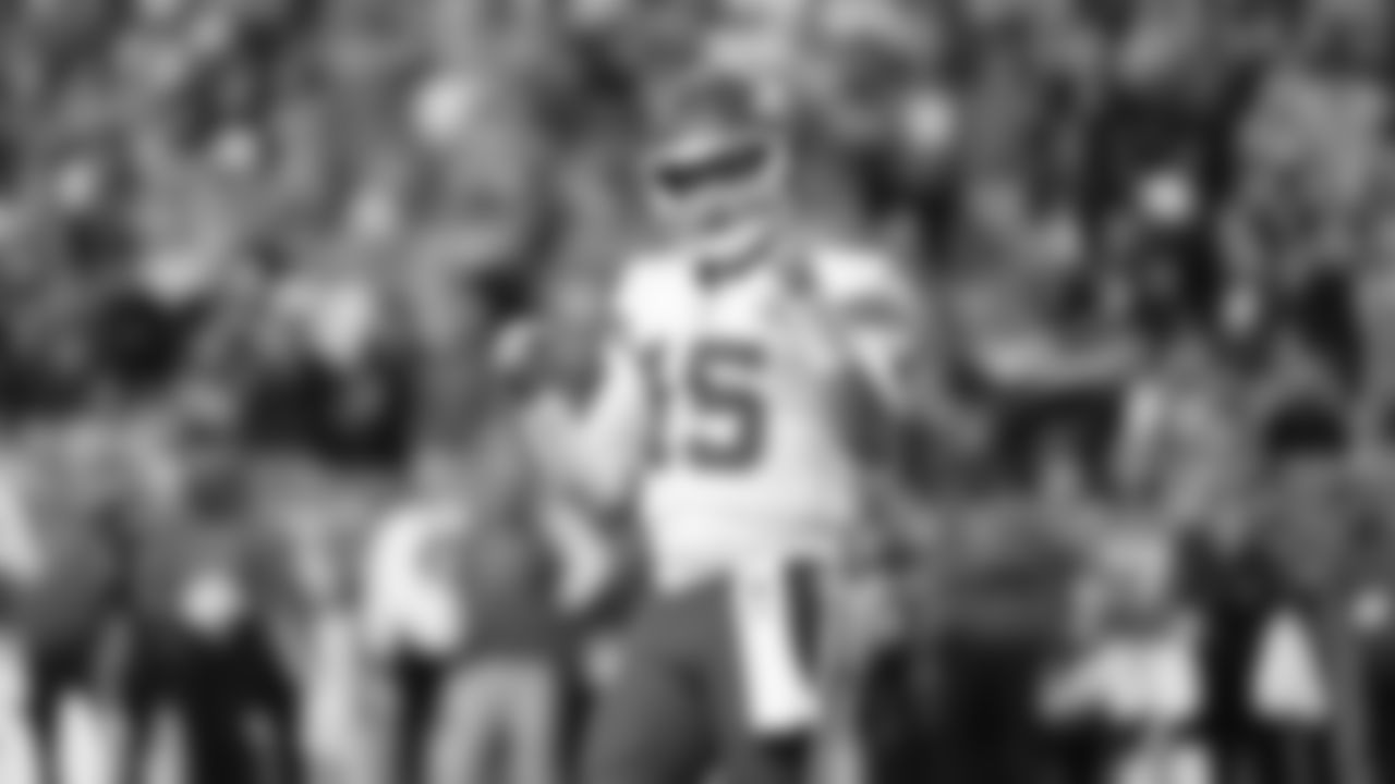 Kansas City Chiefs quarterback Patrick Mahomes (15) celebrates a touchdown during a week 11 NFL Football game against the Denver Broncos on Sunday, November 16, 2025 in Denver, Colorado.