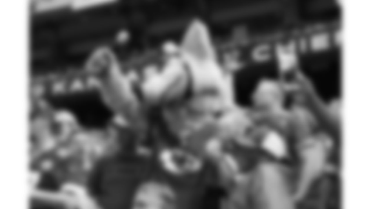KC Wolf engages with fans during the game between the Baltimore Ravens and the Kansas City Chiefs at Arrowhead Stadium on September 22, 2019.