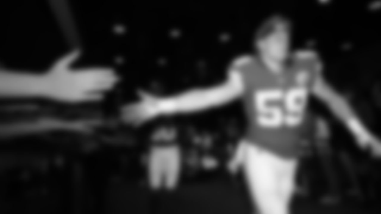 Kansas City Chiefs linebacker Cooper McDonald (59) coming in off the field after a week 6 NFL Football game against the Detroit Lions on Sunday, October 12, 2025 in Kansas City, MO.