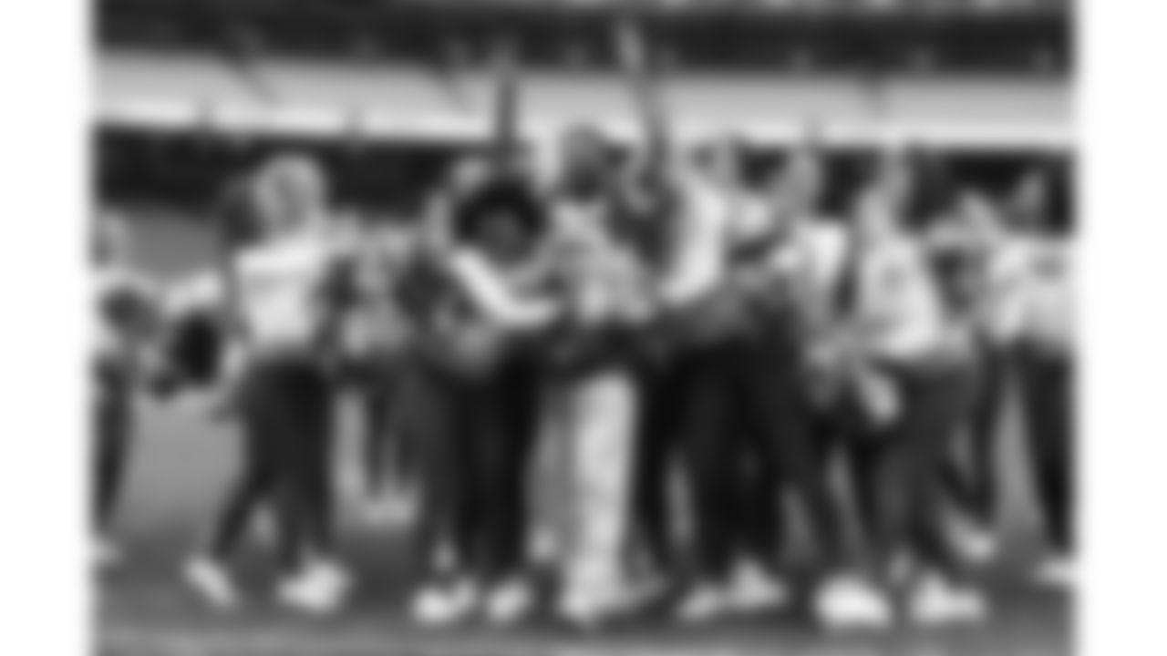 The Kansas City Chiefs Cheerleaders and Entertainment teams prior to a week 17 NFL Football game against the Denver Broncos on December 25, 2025 in Kansas City, MO.