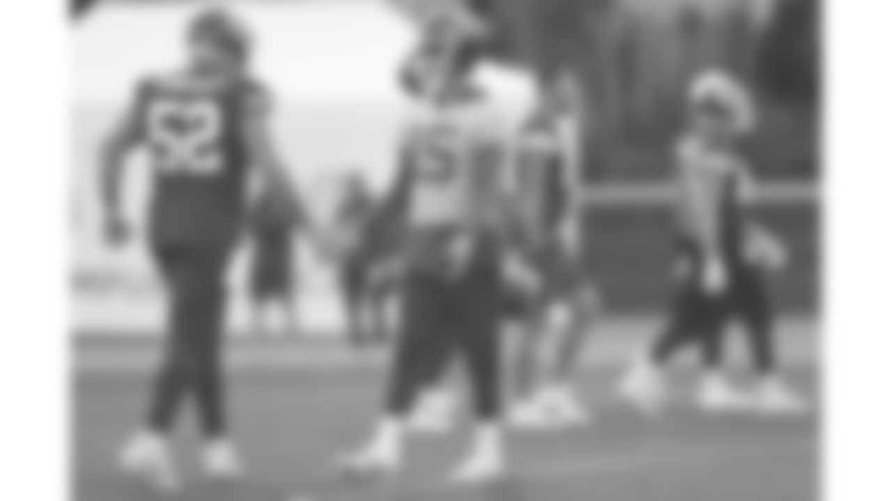 Kansas City Chiefs center Creed Humphrey (52) & Kansas City Chiefs quarterback Patrick Mahomes (15) during a Week 9 practice at the DFB campus in Frankfurt, Germany on Friday, November 3, 2023.