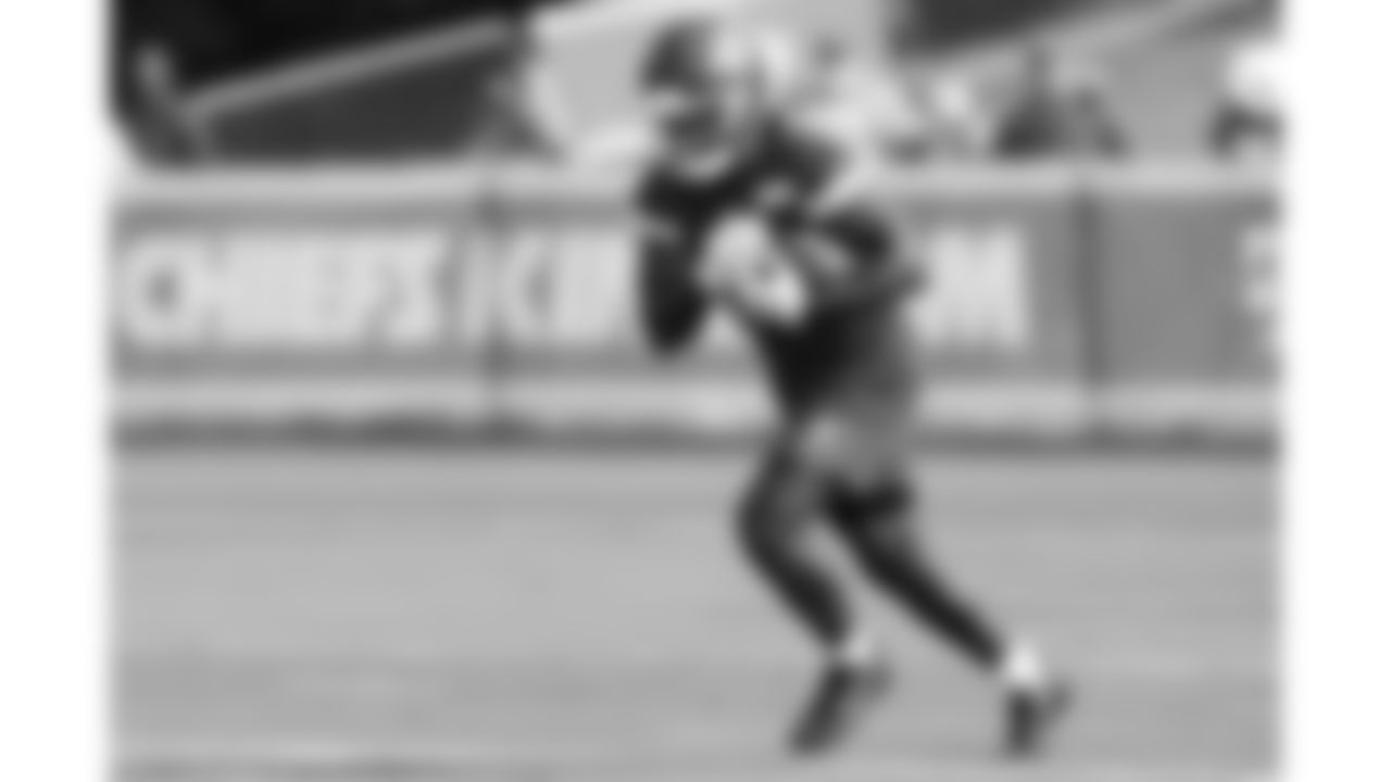 Kansas City Chiefs wide receiver Jalen Royals (11) runs back a kick during training camp on day 1 of practice, Tuesday July 22, 2025