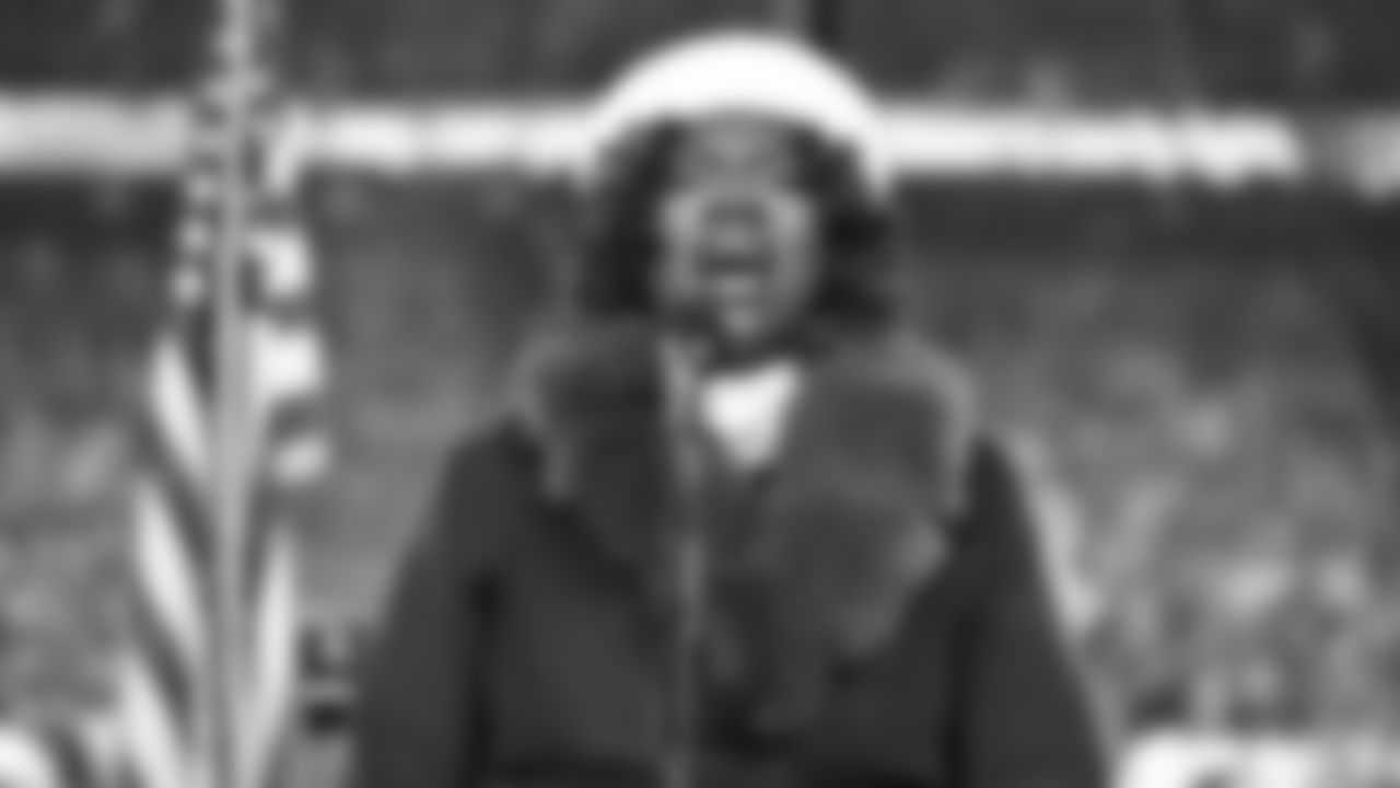 Angel Cummings sings the National Anthem prior to an NFL week 14 matchup against the Houston Texans, Sunday December 7, 2025.