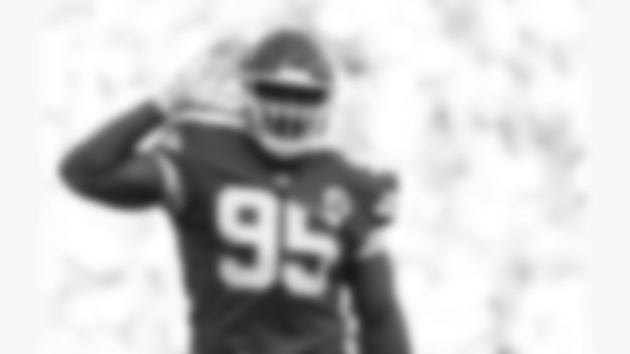 Kansas City Chiefs defensive tackle Chris Jones (95) celebrates during a week 12 NFL football game against the Indianapolis Colts, Sunday, November 23, 2025 in Kansas City, MO.