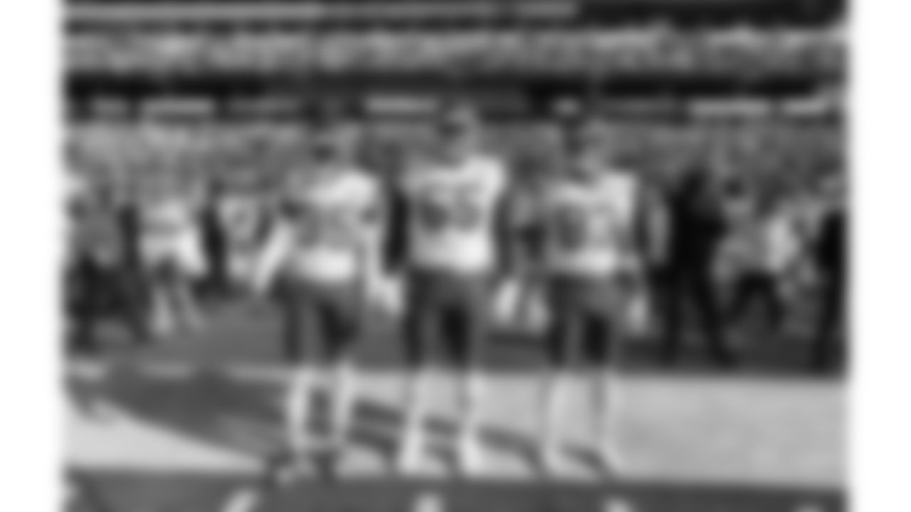 Kansas City Chiefs cornerback Jaylen Watson (35), offensive lineman Trey Smith (65) and tight end Noah Gray (83) prior to a week 16 NFL Football game against the Tennessee Titans on Sunday, December 21, 2025 in Nashville, Tennessee.