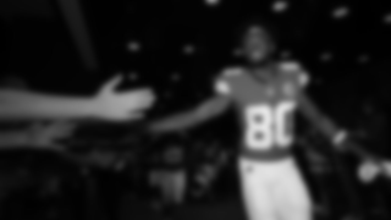 Kansas City Chiefs wide receiver Tyquan Thornton (80) celebrates with fans after a week 6 NFL Football game against the Detroit Lions on Sunday, October 12, 2025 in Kansas City, MO.