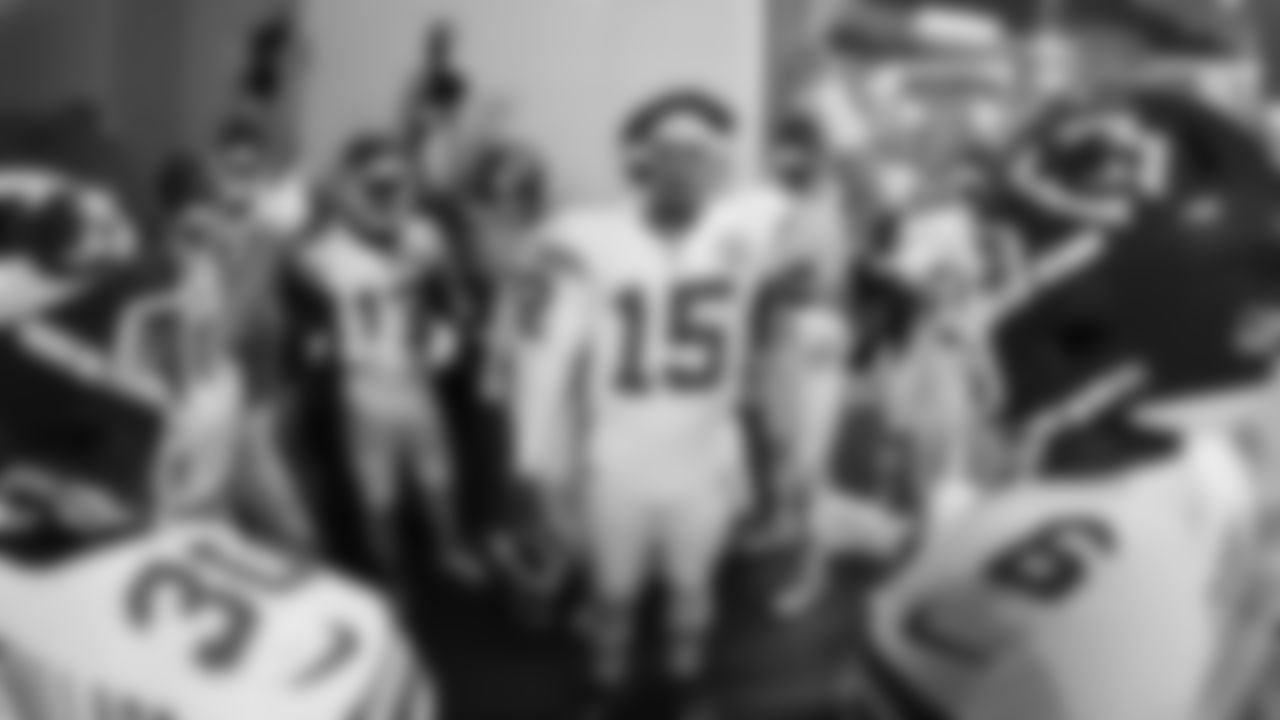 Kansas City Chiefs quarterback Patrick Mahomes (15) addresses the team huddle inside the tunnel prior to the NFL Week 3 matchup against the Atlanta Falcons on Sunday, September 22, 2024 in Atlanta.