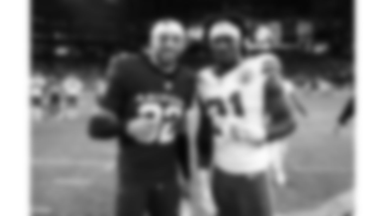 Kansas City Chiefs linebacker Jeffrey Bassa (31) and Arizona Cardinals safety Joey Blount (32) following a preseason week 1 NFL football game, Saturday, August 9, 2025 in Glendale, AZ.