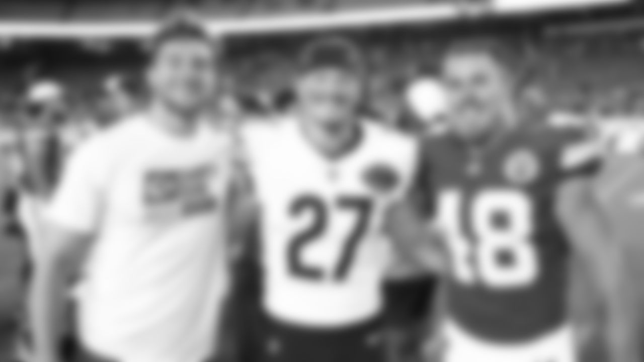 Kansas City Chiefs linebacker Jack Cochrane (43), Chicago Bears linebacker Swayze Bozeman (27) and linebacker Cole Christiansen (48) after a preseason week 3 NFL football game against the Chicago Bears, Friday, August 22, 2025 in Kansas City, MO.