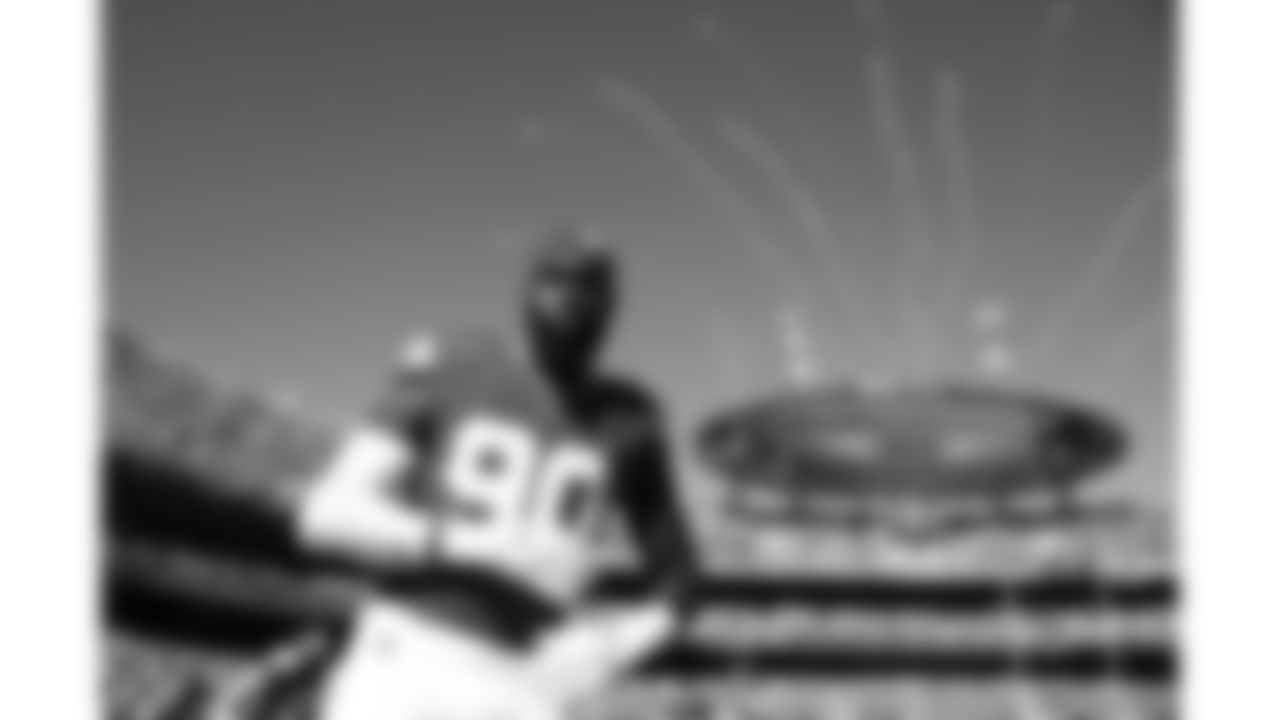 Kansas City Chiefs defensive end Charles Omenihu (90) looks on after the National Anthem prior to a week 7 NFL football game against the Las Vegas Raiders, Sunday, October 19, 2025 in Kansas City, MO.