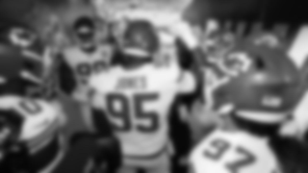 The defensive line prior to a week 5 NFL football game against the Jacksonville Jaguars, Monday, October 6, 2025, in Jacksonville, FL.
