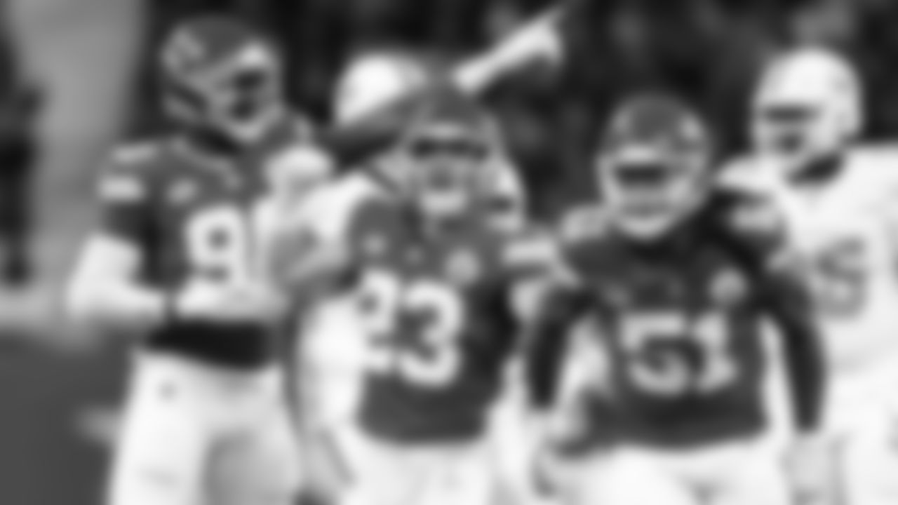 Kansas City Chiefs defensive end Charles Omenihu (90), middle linebacker Drue Tranquill (23), and defensive end Mike Danna (51) in action during the regular season Week 9 NFL Football Game on Sunday, November 5, 2023 at Deutsche Bank Park in Frankfurt, Germany.