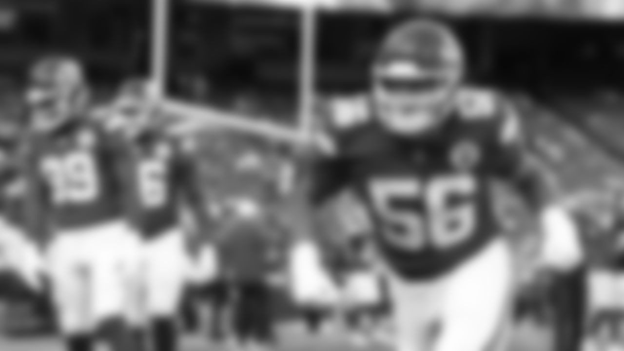Kansas City Chiefs defensive end George Karlaftis (56) warms up prior to a preseason week 3 NFL football game against the Chicago Bears, Friday, August 22, 2025 in Kansas City, MO.