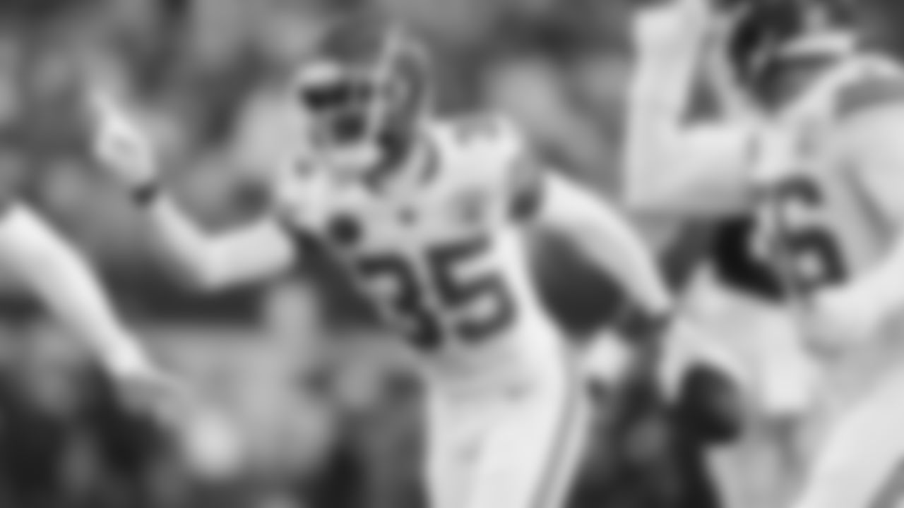 Kansas City Chiefs cornerback Jaylen Watson (35) celebrates an intercepted ball during a week 13 NFL Football game against the Dallas Cowboys on Thursday, November 27, 2025 in Dallas, Texas.