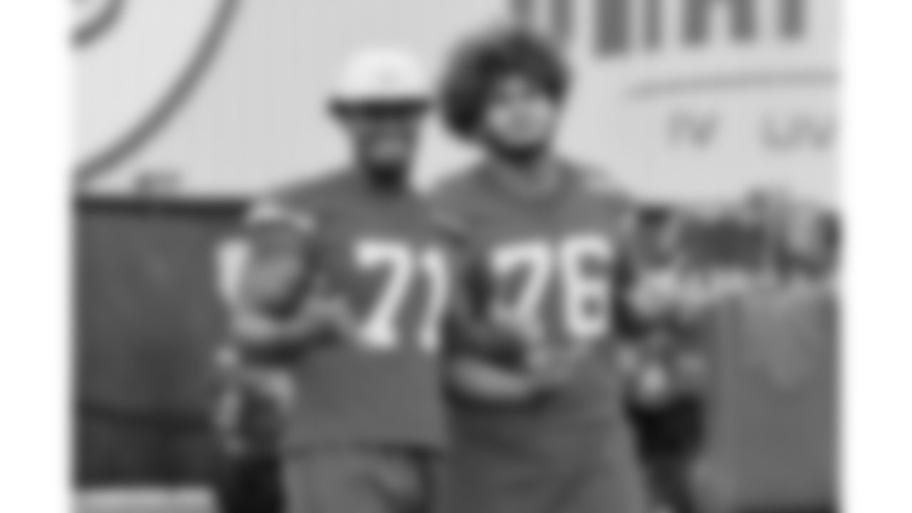 Kansas City Chiefs tackle Josh Simmons (71) and Kansas City Chiefs tackle Kingsley Suamataia (76) during practice on Thursday, October 9, 2025 in Kansas City, MO.