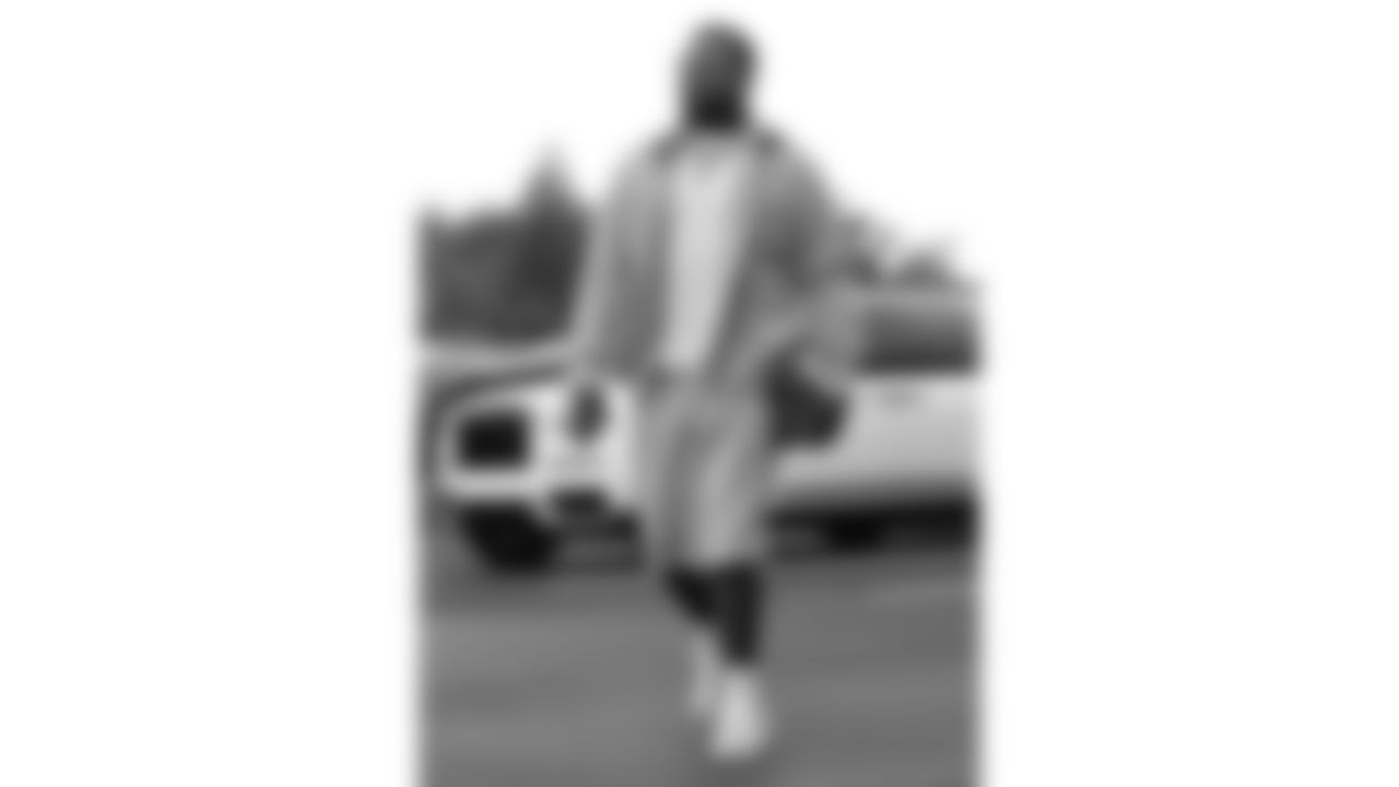 Kansas City Chiefs tackle Jawaan Taylor (74) arrives prior to a week 6 NFL Football game against the Detroit Lions on Sunday, October 12, 2025 in Kansas City, MO.