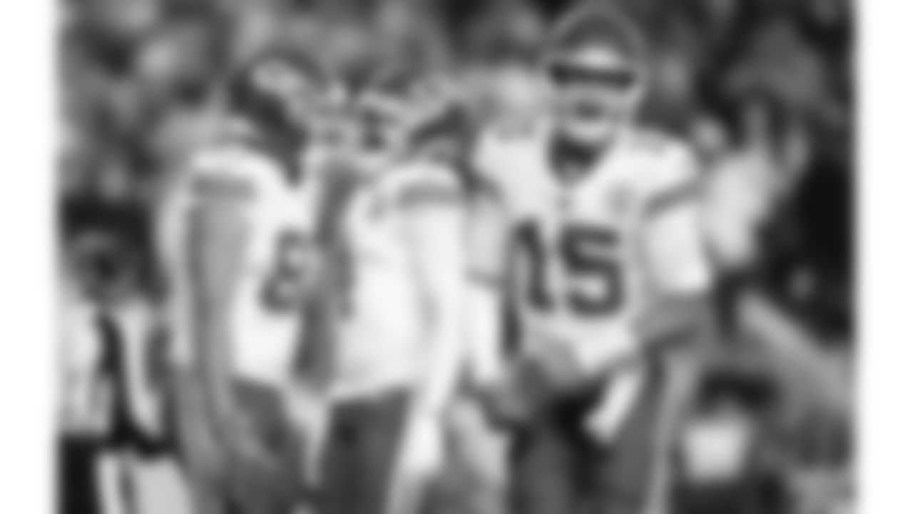 Kansas City Chiefs quarterback Patrick Mahomes (15) celebrates a touchdown during a week 11 NFL Football game against the Denver Broncos on Sunday, November 16, 2025 in Denver, Colorado.