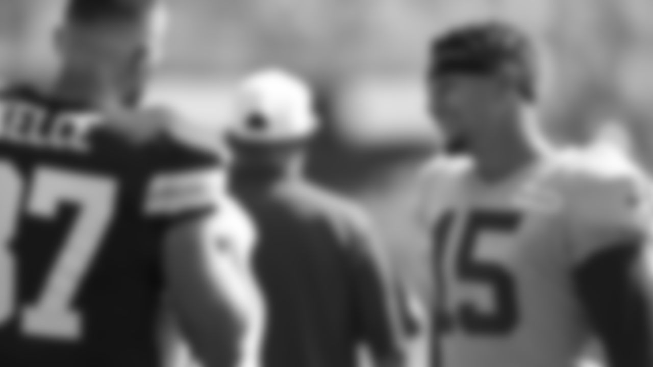 Kansas City Chiefs quarterback Patrick Mahomes (15) speaks with tight end Travis Kelce (87) during day 5 of training camp practice on Sunday, July 27, 2025.
