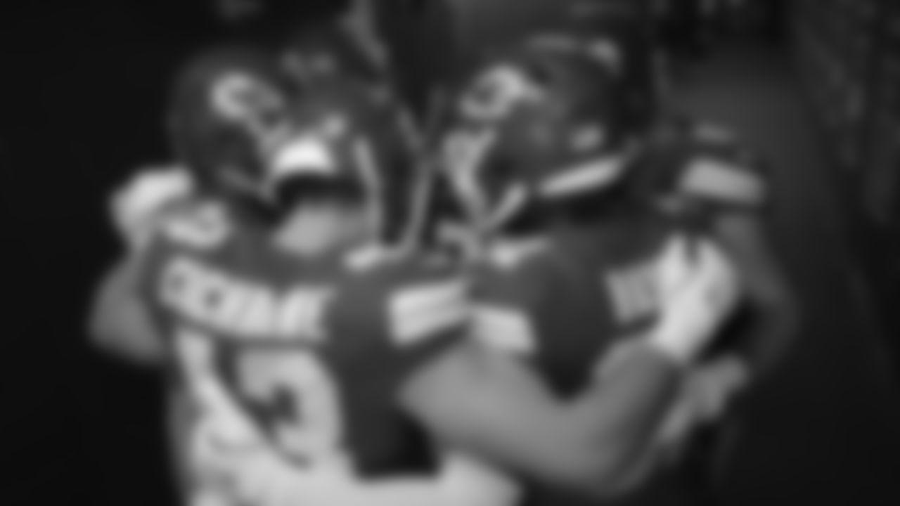 Linebacker Jack Cochrane (43) and Kansas City Chiefs linebacker Jeffrey Bassa (31) pray in the tunnel prior to a week 7 NFL Football game against the Las Vegas Raiders on Sunday, October 19, 2025 in Kansas City, MO.