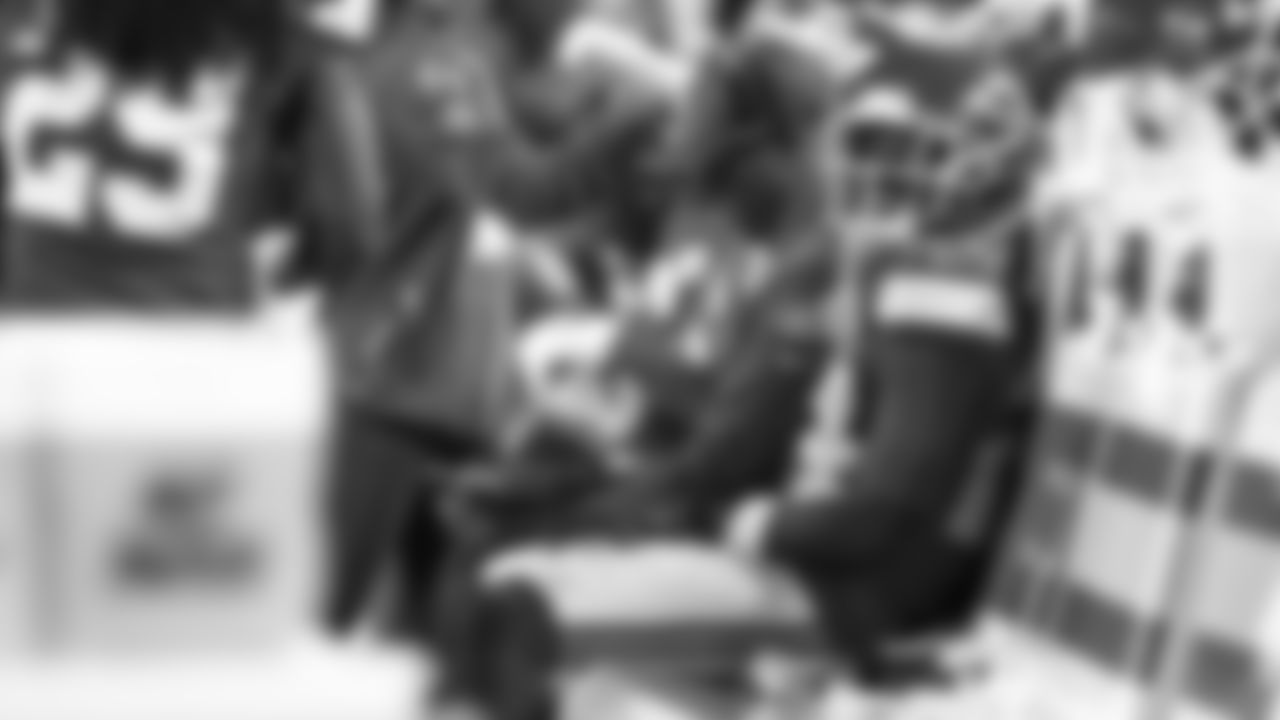 Kansas City Chiefs running back Brashard Smith (24) sits on the bench after scoring a touchdown during a week 17 NFL football game against the Denver Broncos, Thursday, December 25, 2025 in Kansas City, MO.