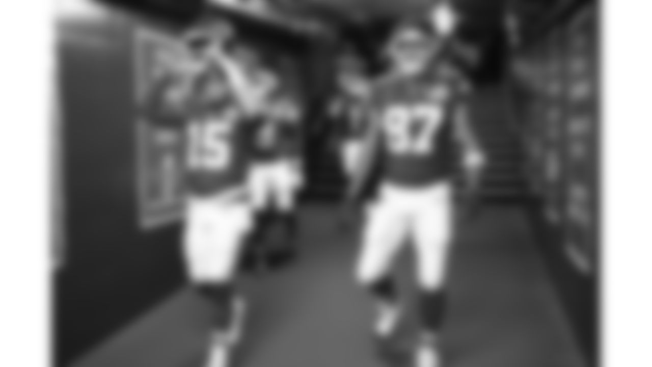 Kansas City Chiefs quarterback Patrick Mahomes (15) and tight end Travis Kelce (87) walk down the 50-yard tunnel prior to the week 6 NFL football game against the Detroit Lions, Sunday, October 12, 2025 in Kansas City, MO.