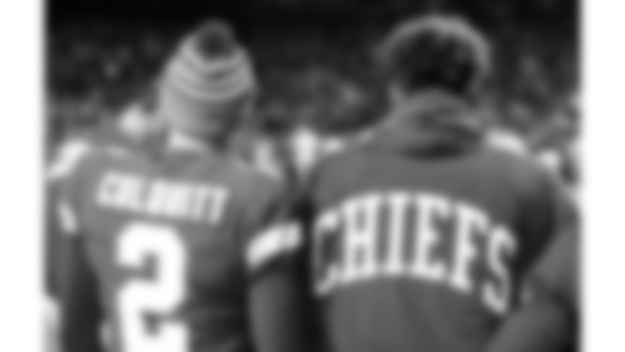 Kansas City Chiefs Punter Dustin Colquitt (2) and Quarterback Patrick Mahomes (15) during the game between The Kansas City Chiefs and The Houston Texans in the Divisional Playoff game at Arrowhead Stadium on January 12, 2019.