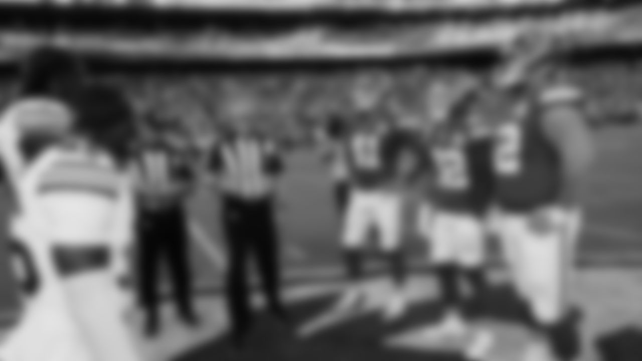 Kansas City Chiefs long snapper James Winchester (41), Kansas City Chiefs center Creed Humphrey (52), and Kansas City Chiefs cornerback Trent McDuffie (22) at the coin toss prior to a preseason week 3 NFL football game against the Chicago Bears, Friday, August 22, 2025 in Kansas City, MO.