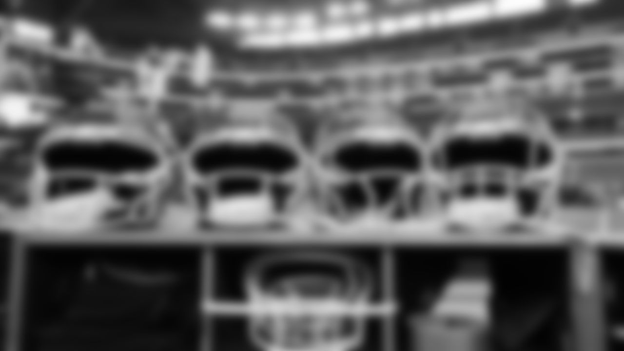 Helmets prior to a week 13 NFL football game against the Dallas Cowboys on Thursday, November 27, 2025 in Arlington, TX.
