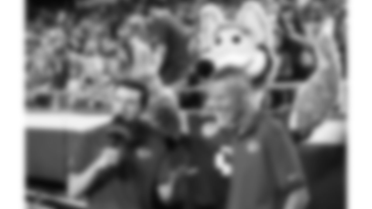 Kansas City Chiefs retired KC wolf, Dan Meers being interview with the new KC Wolf in the background during a preseason week 3 NFL football game against the Chicago Bears, Friday, August 22, 2025 in Kansas City, MO.