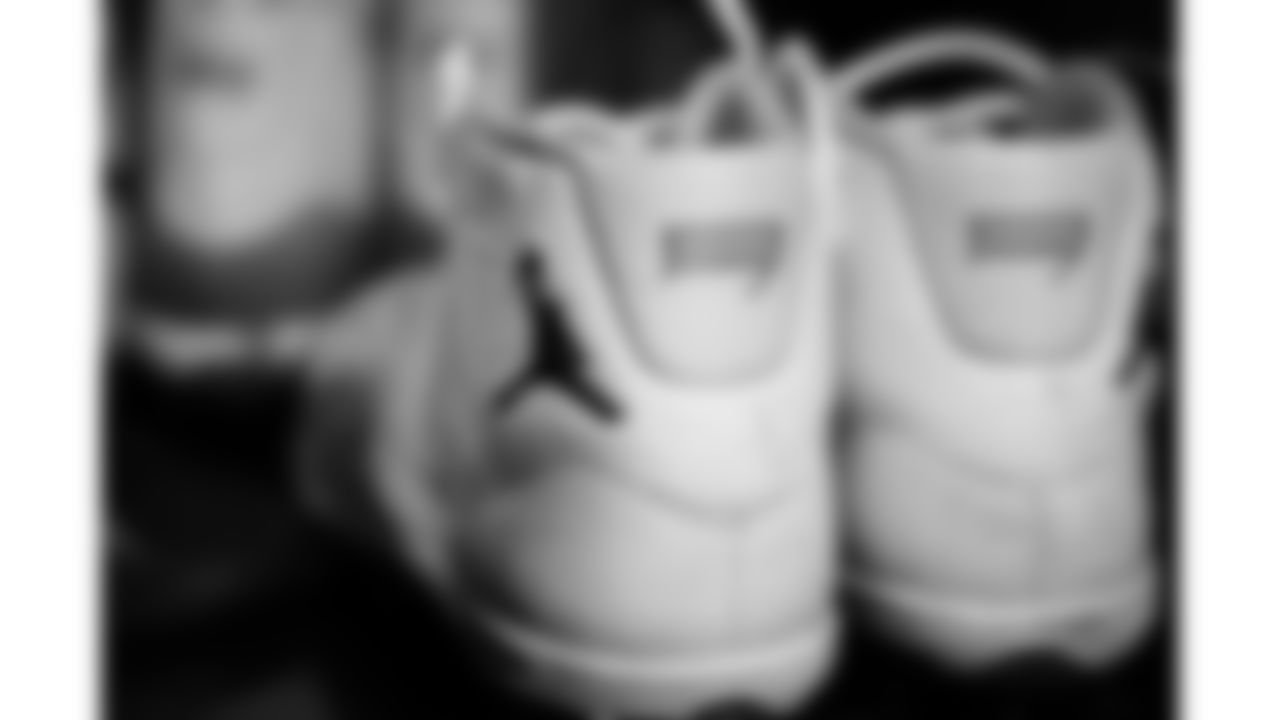 Kansas City Chiefs tight end Travis Kelce (87) cleats in the locker room prior to a week 18 game against the Las Vegas Raiders on Sunday, January 3, 2026.