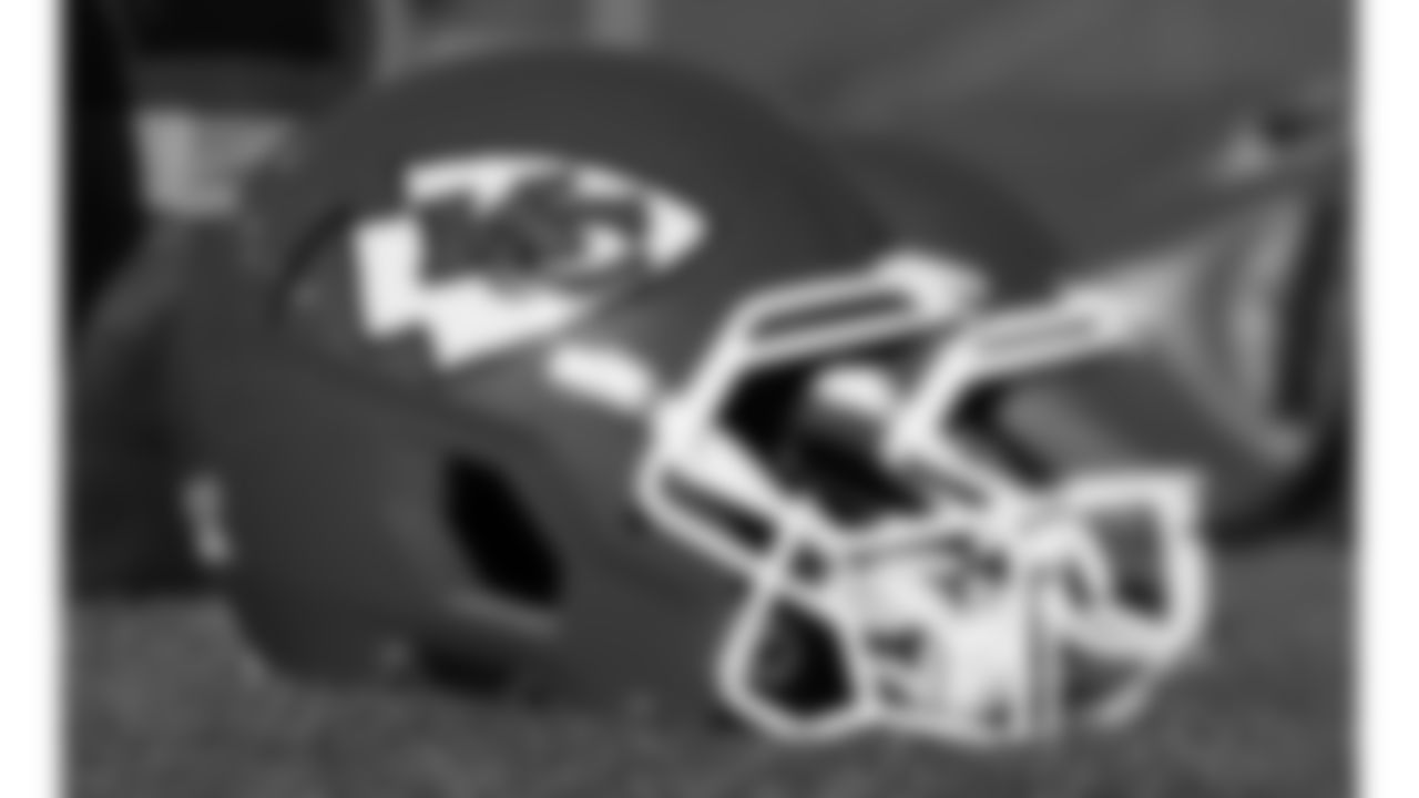 A Kansas City Chiefs helmet on the field prior to a week 16 NFL football game against the Tennessee Titans on Sunday, December 21, 2025 in Nashville, Tennessee.