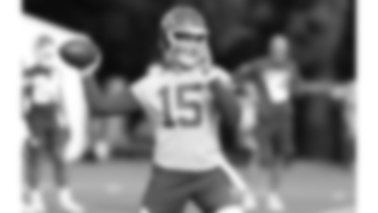 Kansas City Chiefs quarterback Patrick Mahomes (15) throws a pass during training camp on day 1 of practice, Tuesday July 22, 2025