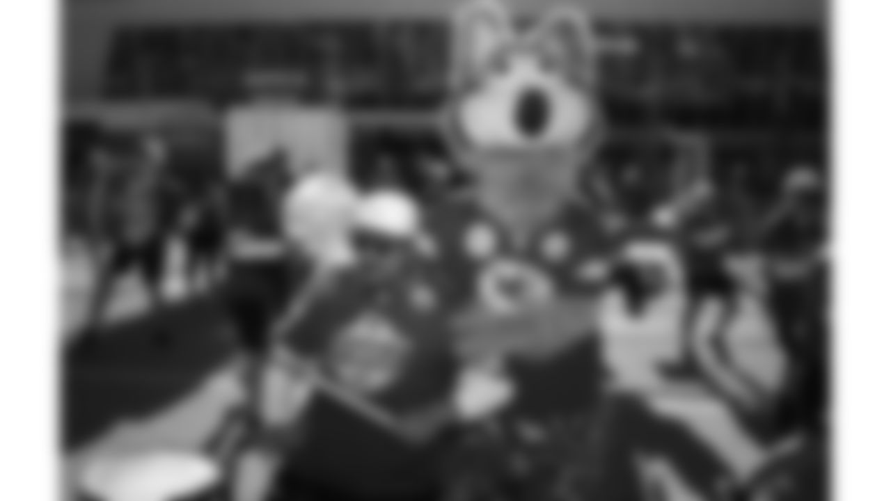 Chiefs Rumble and KC Wolf before a week 7 NFL Football game against the Las Vegas Raiders on Sunday, October 19, 2025.