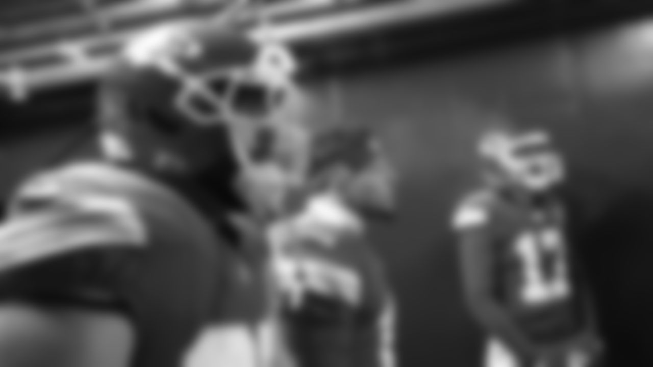 Tight end Travis Kelce (87) quarterback Patrick Mahomes (15) and Kansas City Chiefs quarterback Gardner Minshew (17) in the tunnel prior to an NFL week 15 matchup against the Los Angeles Chargers, Sunday December 14, 2025.