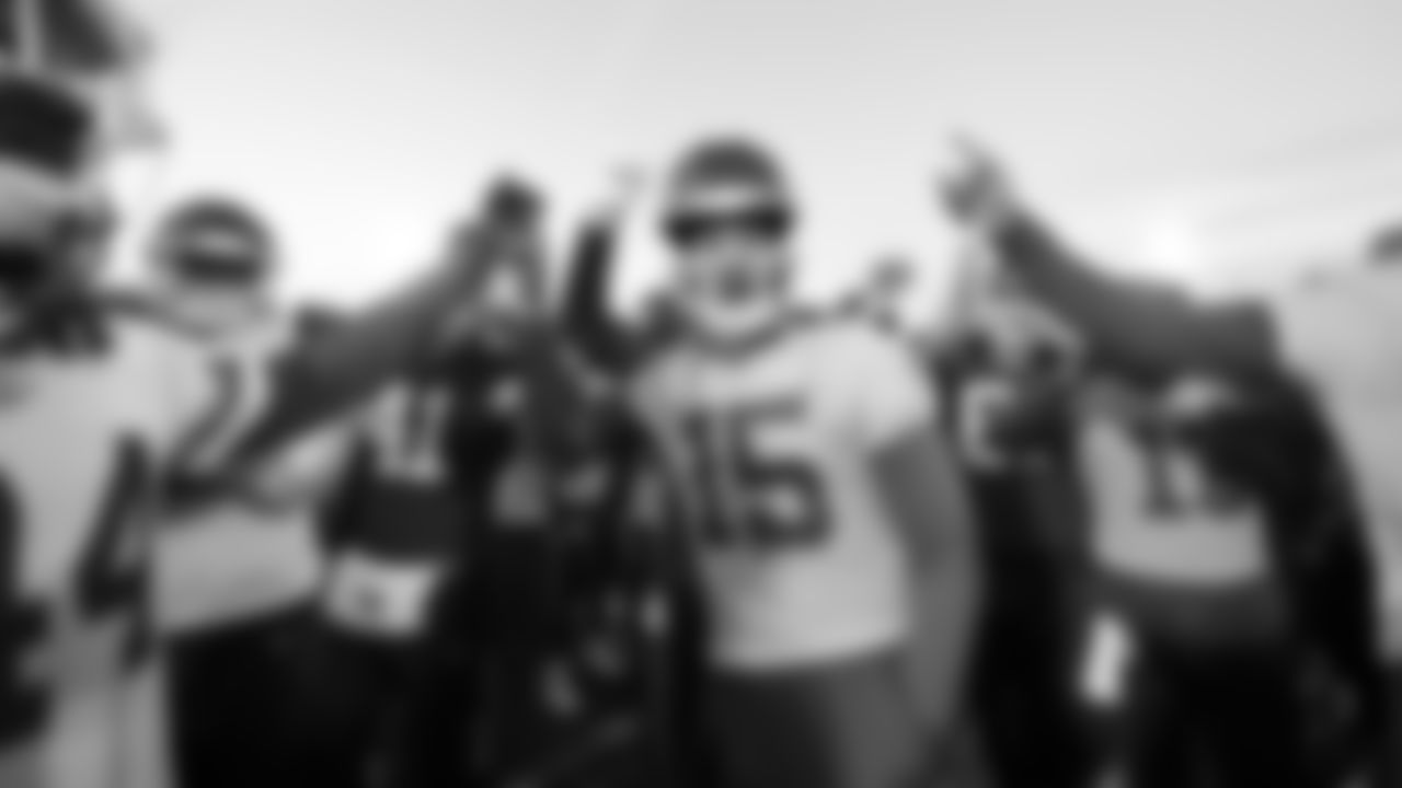 Kansas City Chiefs quarterback Patrick Mahomes (15) breaks down the huddle following a Week 9 practice at the DFB campus in Frankfurt, Germany on Friday, November 3, 2023.