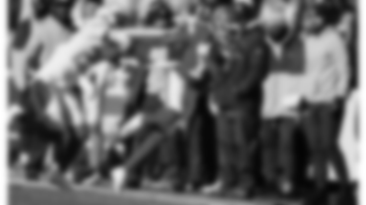 Kansas City Chiefs wide receiver Xavier Worthy (1) get pushed out of bounds during an NFL week 15 matchup against the Los Angeles Chargers, Sunday December 14, 2025.