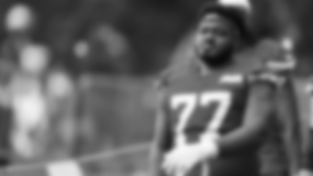 Kansas City Chiefs offensive lineJaylon Moore(77) during day 3 of training camp on Thursday July 24, 2025