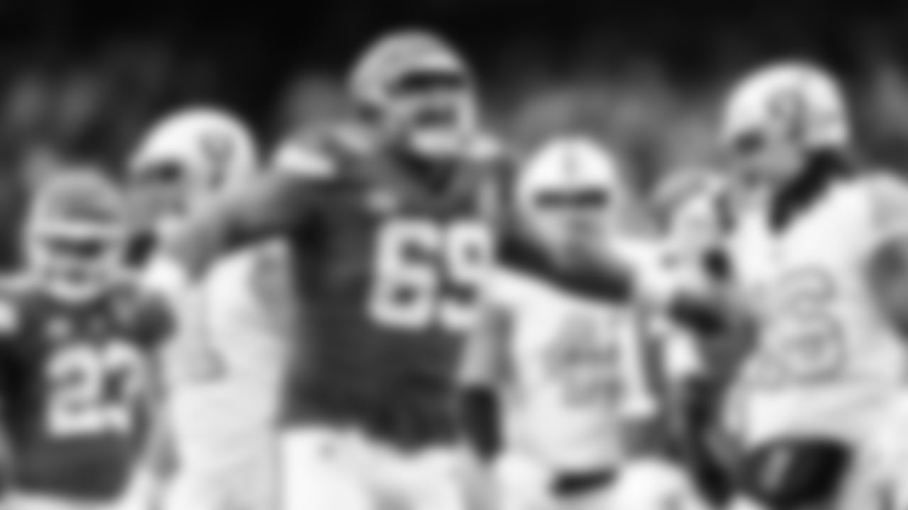 Kansas City Chiefs nose tackle Mike Pennel (69) celebrates during the Week 16 NFL football game on Monday, December 25, 2023 at GEHA Field at Arrowhead Stadium.